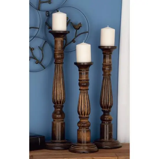 Brown Mango Wood Traditional Candle Holders Set, 18", 21" & 24" {9}