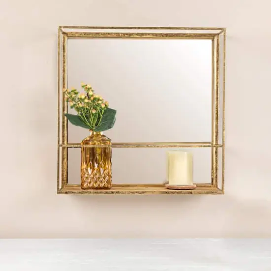 Hello Honey® 20" Gold Metal Wall Mirror with Reclaimed Wood Base {3}