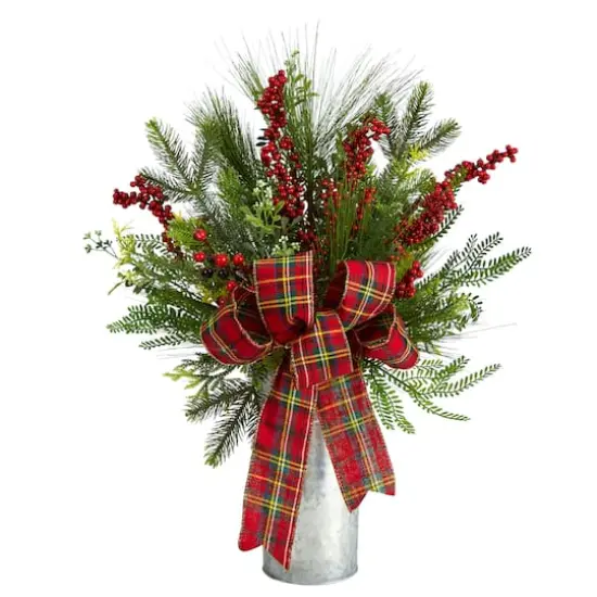 28" Holiday Winter Greenery, Berries & Plaid Bow Artificial Christmas Arrangement {1}