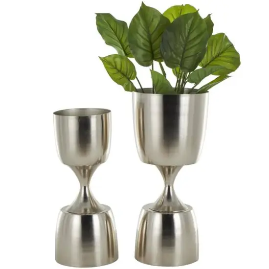 Silver Hourglass Shaped Metal Planter Set with Elevated Base {1}