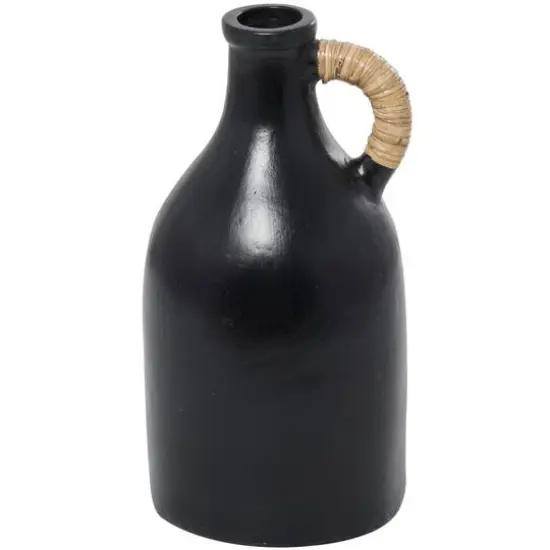 18" Black Ceramic Jug Inspired Vase with Rattan Wrapped Handle  {1}