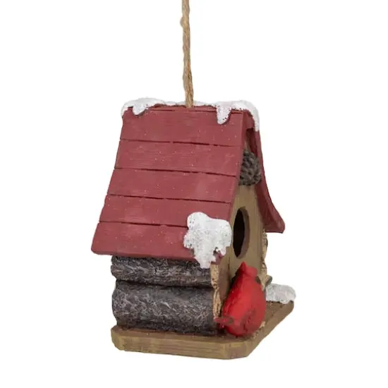 7" Brown & Red Christmas Birdhouse with Cardinals {3}