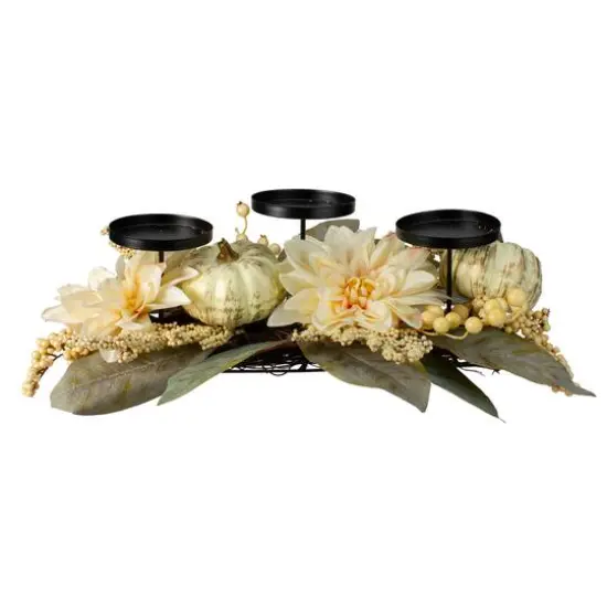21" White Dahlia & Pumpkin Fall Triple Candle Holder {3}