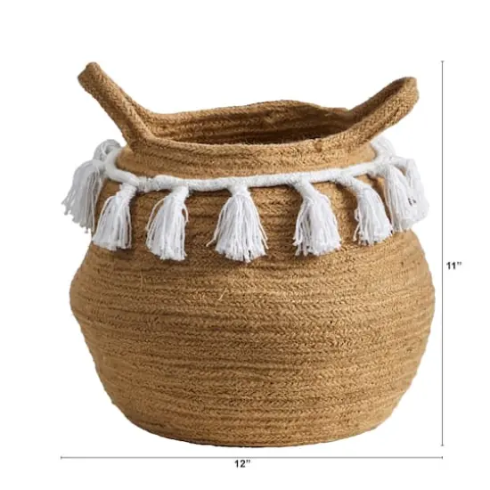11" Boho Chic Handmade Natural Cotton Woven Basket Planter with Tassels {5}