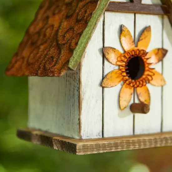 Glitzhome® 8.25" Distressed Metal Roof & Flower Wood Birdhouse {7}