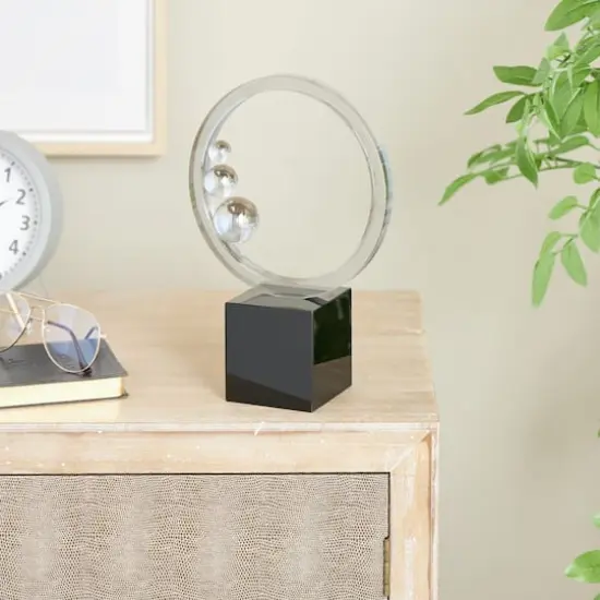 10.25" Clear Glass Ring Decorative Sculpture with Clear Orbs & Black Square Base {3}