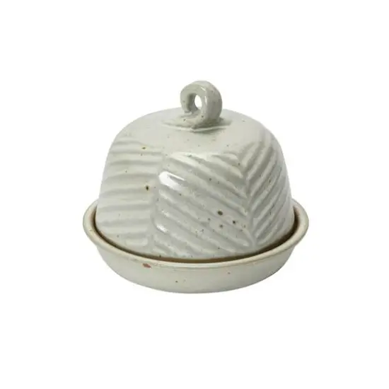 Hello Honey&reg; 6" Embossed White Reactive Glaze Domed Stoneware Dish with Handle {1}