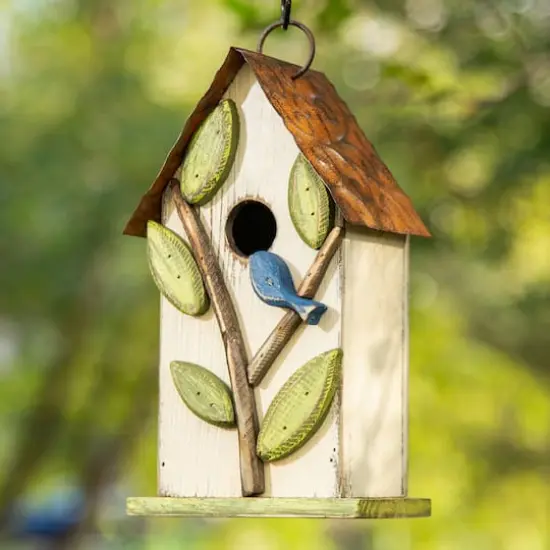 Glitzhome&reg; 9.75" White Distressed Bird & Tree Birdhouse {3}