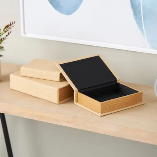 Faux Leather Geometric Woven Grid Book Storage Box Set Beige {9}