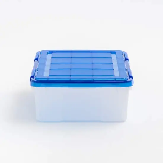 Iris&reg; 6.5gal. Clear Plastic Storage Boxes With Blue Lid, 4 Pack {5}