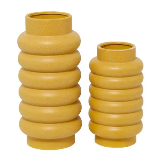 CosmoLiving by Cosmopolitan Yellow Ceramic Vase with Ring Ribbing Set of 2 16", 12" {5}
