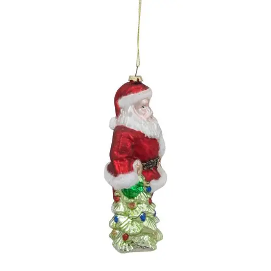 5.5" Red Classic Santa With Tree Hanging Glass Christmas Ornament {5}