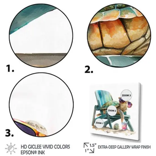Designart 'Turtle Laying On A Beach Chair With Sunglasses I' Animals Framed Canvas Wall Art Thick Gold {4}