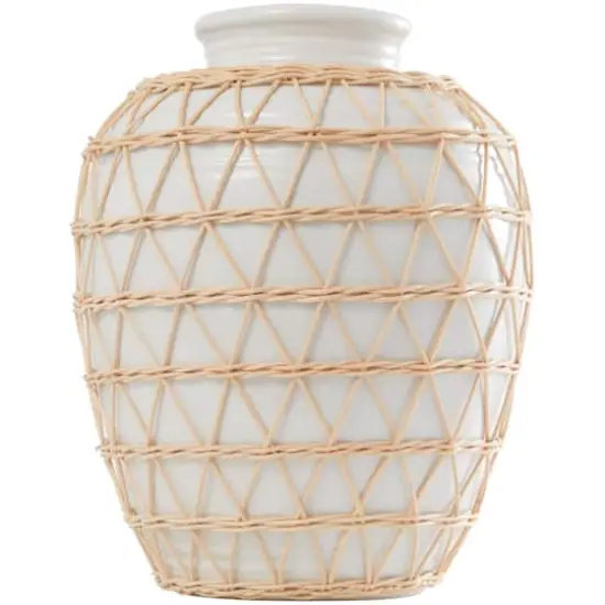 14" White Ceramic Handmade Vase with Woven Rattan Exterior {3}