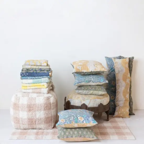 Hello Honey&reg; 18" Blush & Cream Plaid Cotton Tufted Pouf {5}