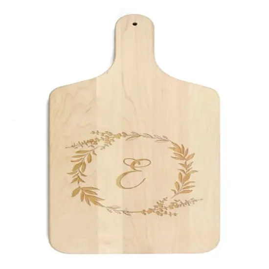 Floral Wreath Monogram Maple Paddle Cutting Board E {1}