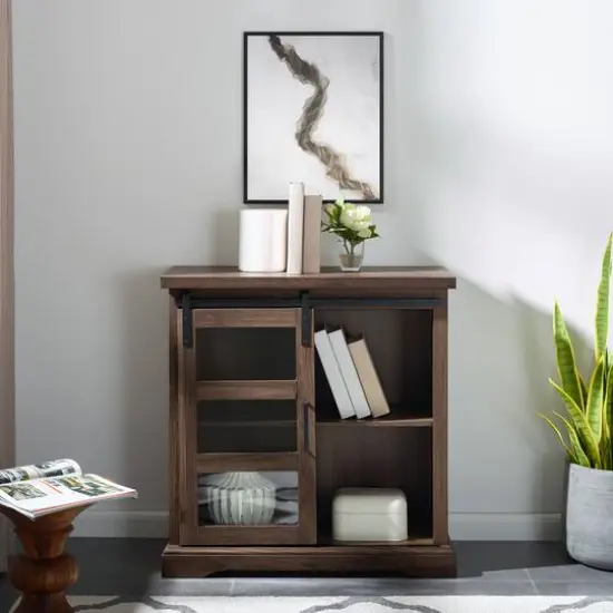 Walker Edison 32" Dark Walnut Sliding Glass Door Modern Accent Cabinet {4}