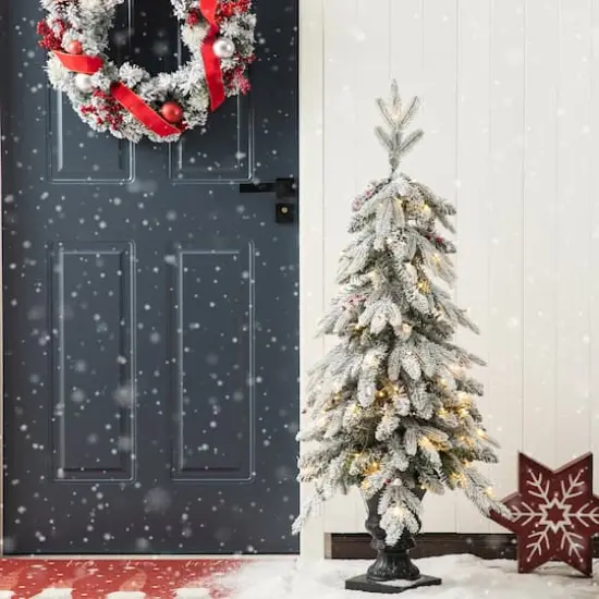 2 Pack 4ft. Pre-Lit Flocked Red Berry Fir Artificial Christmas Porch Tree in Urn, Warm White Lights {4}