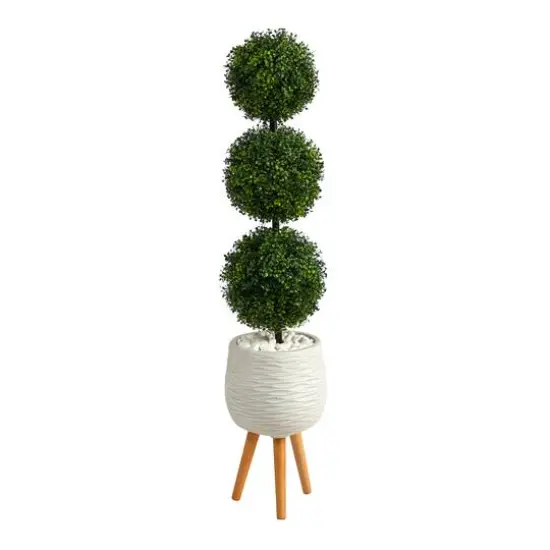 4.5ft. Boxwood Triple Ball Topiary Artificial Tree in White Planter with Stand (Indoor/Outdoor) {1}