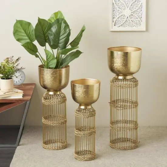 Gold Metal Textured Rounded Dome Planter & Pedestal Base Set {3}