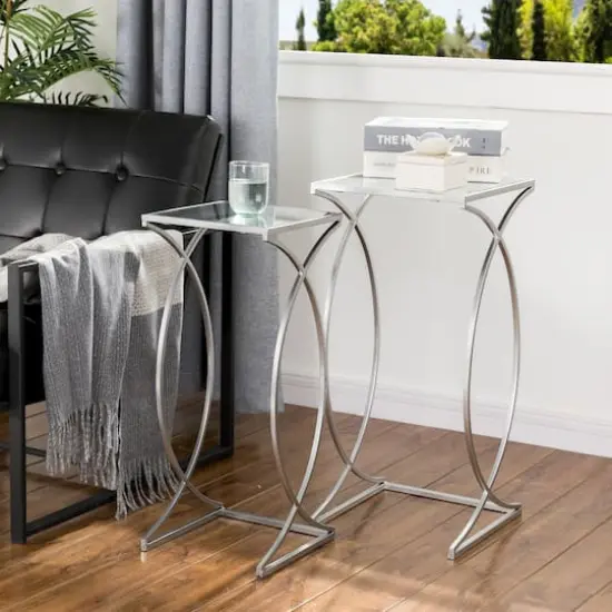 Glitzhome&reg; Metal Tall Accent Table with Glass Top Set Silver {3}