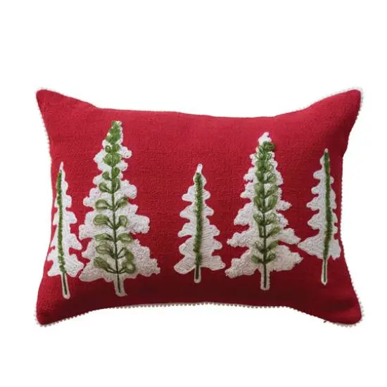 Hello Honey&reg; 20" x 14" Red, Natural & Green Cotton Slub Lumbar Pillow with Embroidered Trees & Pom Pom Trim {1}