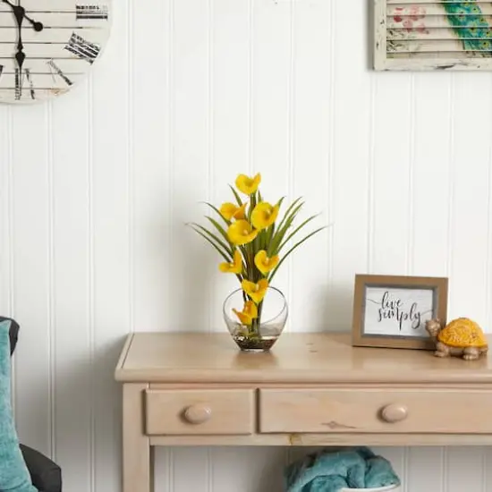 15.5" Yellow Calla Lily and Grass Arrangement in Vase {4}