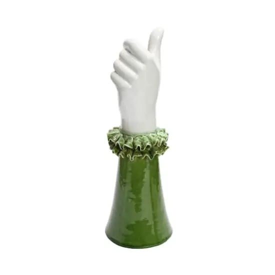 Hello Honey&reg; 12" Green & White Stoneware Hand Vase with Ruffled Shirt Sleeve {1}