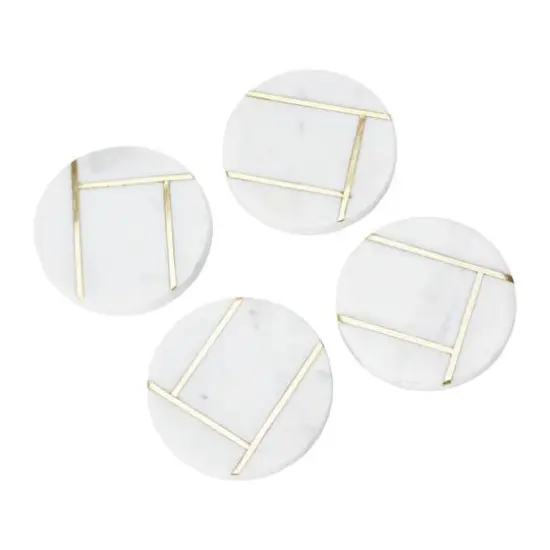 Hello Honey&reg; White Round Marble Coaster Set with Brass Inlay {1}