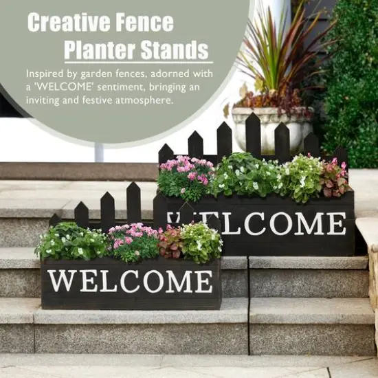 Glitzhome&reg; Black Wood WELCOME Fence-Inspired Planter Stand Set {6}