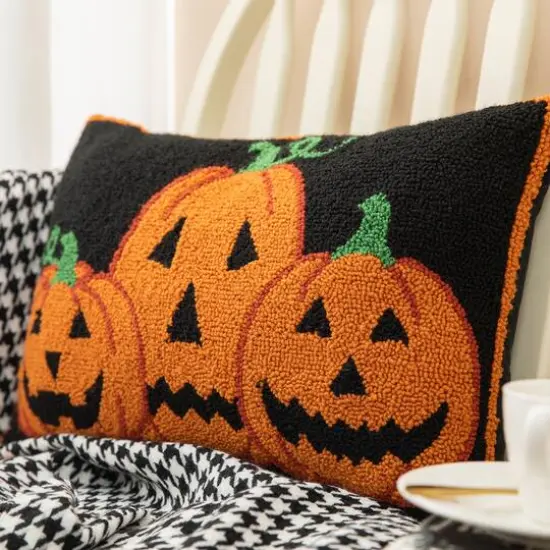 Glitzhome&reg; 18" x 12" Hooked Halloween Pumpkins Pillow {7}