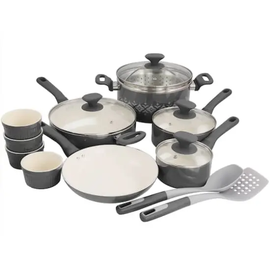 Spice by Tia Mowry Savory Saffron Gray 16 Piece Ceramic Nonstick Cookware Set {1}
