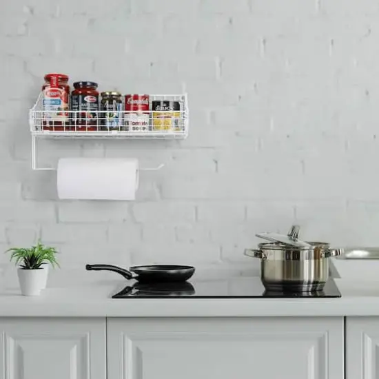 NEX&trade; 16" White Wall Mounted Wire Basket Shelf & Paper Roll Holder {7}