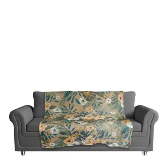 Tropical Floral Coral Fleece Blanket Beige {4}