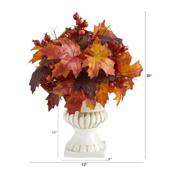 20" Autumn Maple Leaf & Berries Plant in White Urn {3}