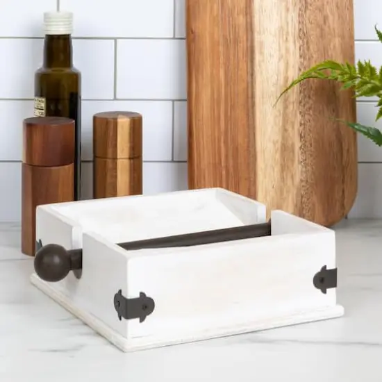 Hello Honey® 9.5" Whitewashed Farmhouse Square Wood & Metal Napkin Holder {3}