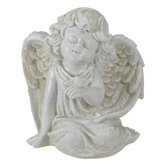 6.5" Ivory Sitting Cherub Angel with Bird Outdoor Statue {1}
