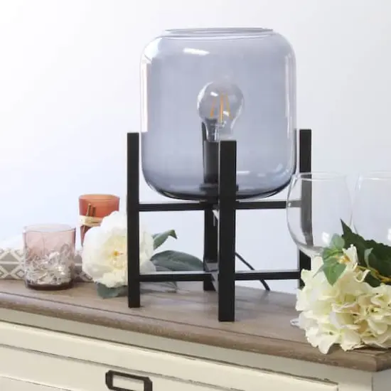 Simple Designs 13.5" Black Wood Mounted Table Lamp with Glass Cylinder Shade Smoke Glass {5}