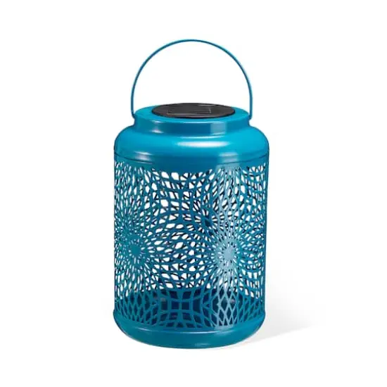Glitzhome&reg; 9" Cutout Metal Solar Powered Outdoor Hanging Lantern Blue {1}