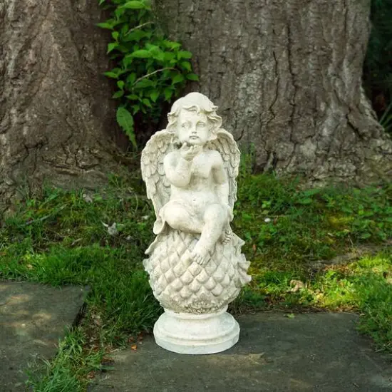 18" Cherub Angel Sitting on Finial Outdoor Garden Statue {3}