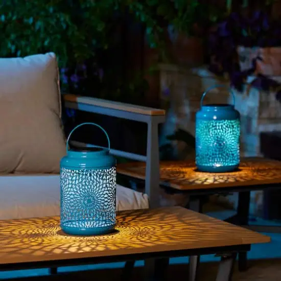 Glitzhome® 8.75" Metal Cutout Solar Powered Hanging Lantern Set Blue {3}