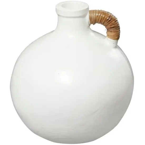 13" White Ceramic Jug Inspired Vase with Rattan Wrapped Handle {1}