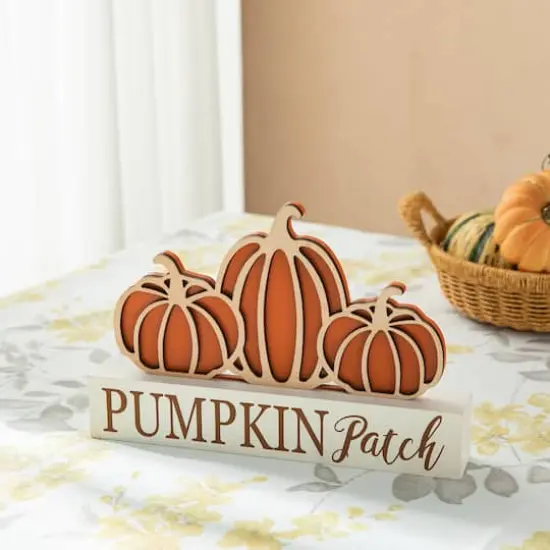 Glitzhome&reg; 11.75" Fall Wood Pumpkin Patch Table Sign {4}