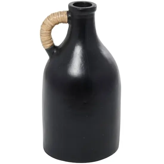 18" Black Ceramic Jug Inspired Vase with Rattan Wrapped Handle  {5}