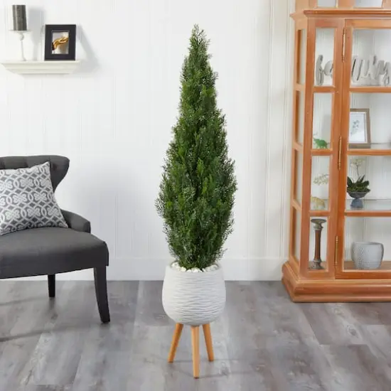 5ft. Cedar Artificial Tree in White Planter with Stand (Indoor/Outdoor) {4}