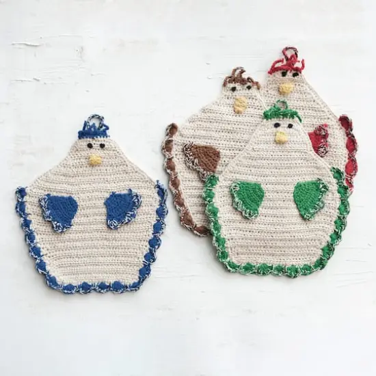 Hello Honey&reg; Multicolor Cotton Crocheted Chicken Pot Holders Set {3}