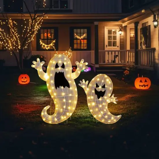 Glitzhome&reg; Set of 2 Lighted Halloween 2.5D Ghosts Family Outdoor Decor {3}