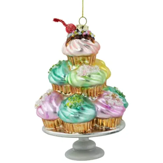 Pink & Blue Cupcake Tower Glass Christmas Ornament {1}