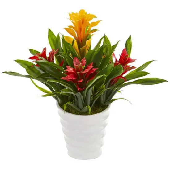17" Red & Yellow Bromeliad Artificial Plant in White Vase {1}