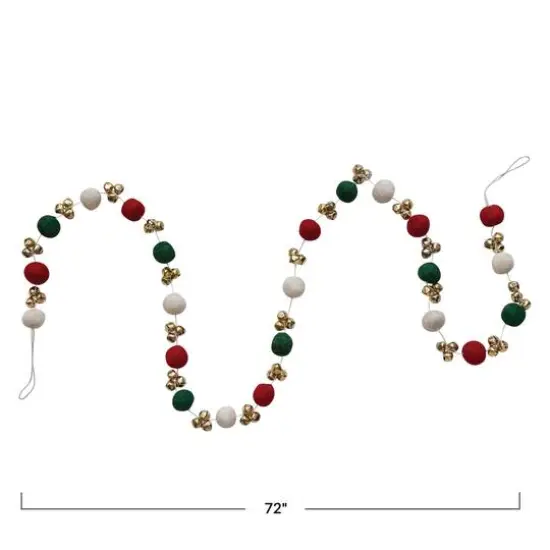 Hello Honey® 6ft. Red, Green & Cream Handmade Wool Felt Balls with Jingle Bells Garland {5}